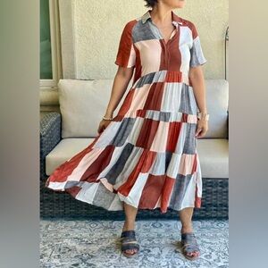 LuLaRoe Helene Tiered Midi Dress Collared Button Front Rayon Size Small